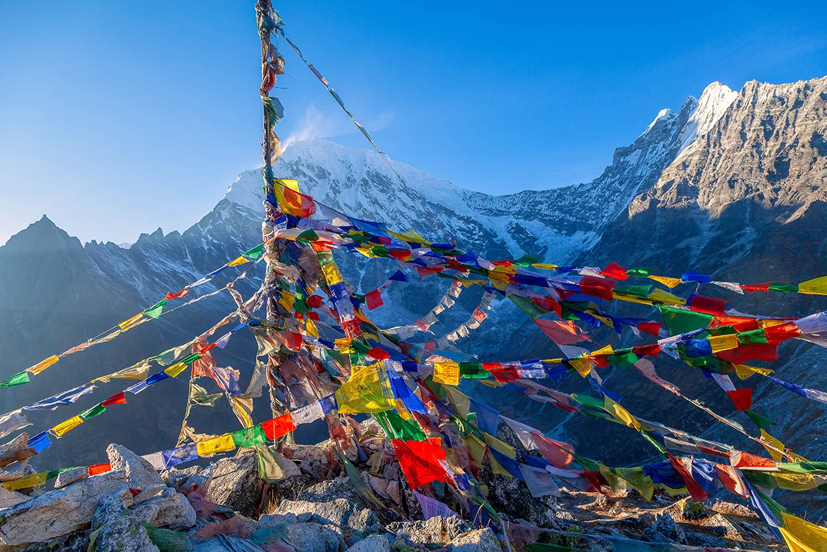 Prayer flags against the Langtang mountains