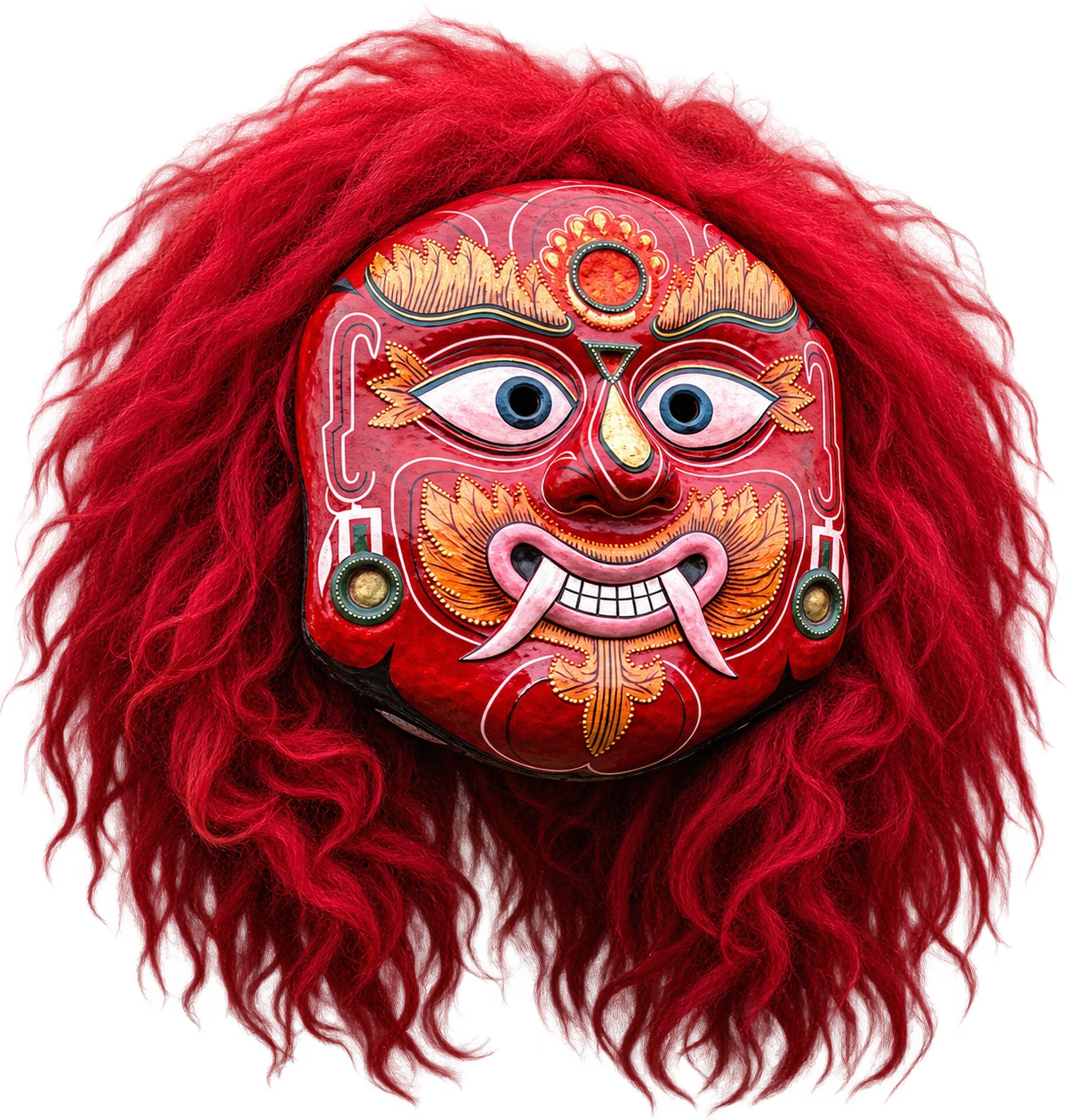 Decorative study of a red Lakhe mask, with hand-painted gold details and red hair